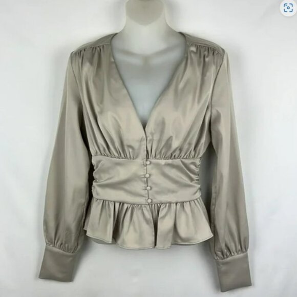 Jason‎ Wu Deep V-neck Silk Satin Elegant Peplum Front Button-Down Blouse Gray Si - Picture 1 of 13